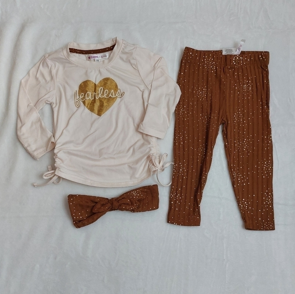 Nannette Baby Girls Brown Cream Fearless Heart 3 Piece Outfit Size 18 Months